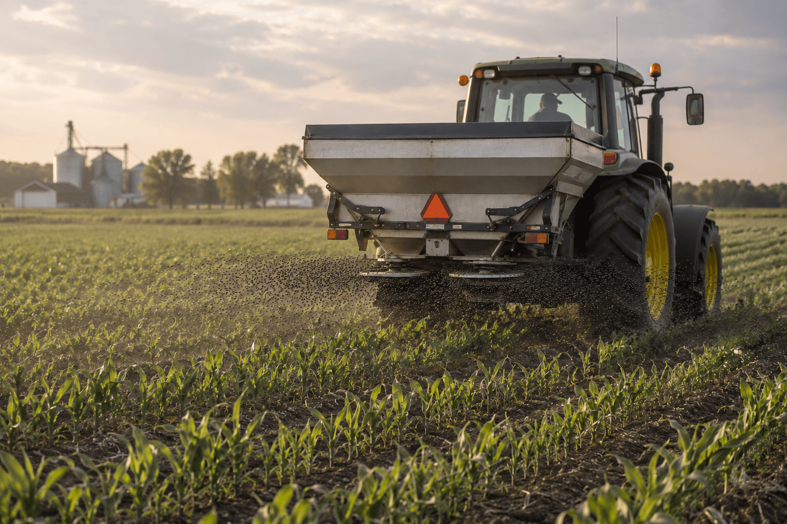 Illustrative dry fertilizer spreader applying pelletized material across a young corn field.