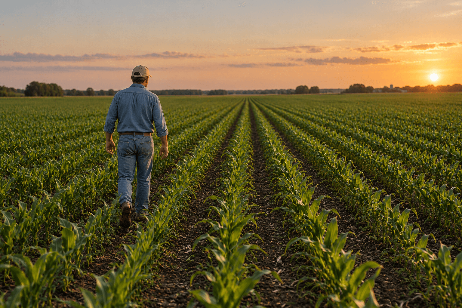 Illustrative grower walking between long rows of young corn.