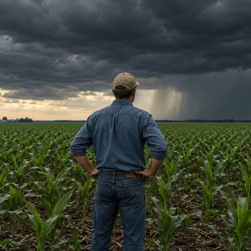 Illustrative grower standing in a young corn field beneath dark storm clouds.