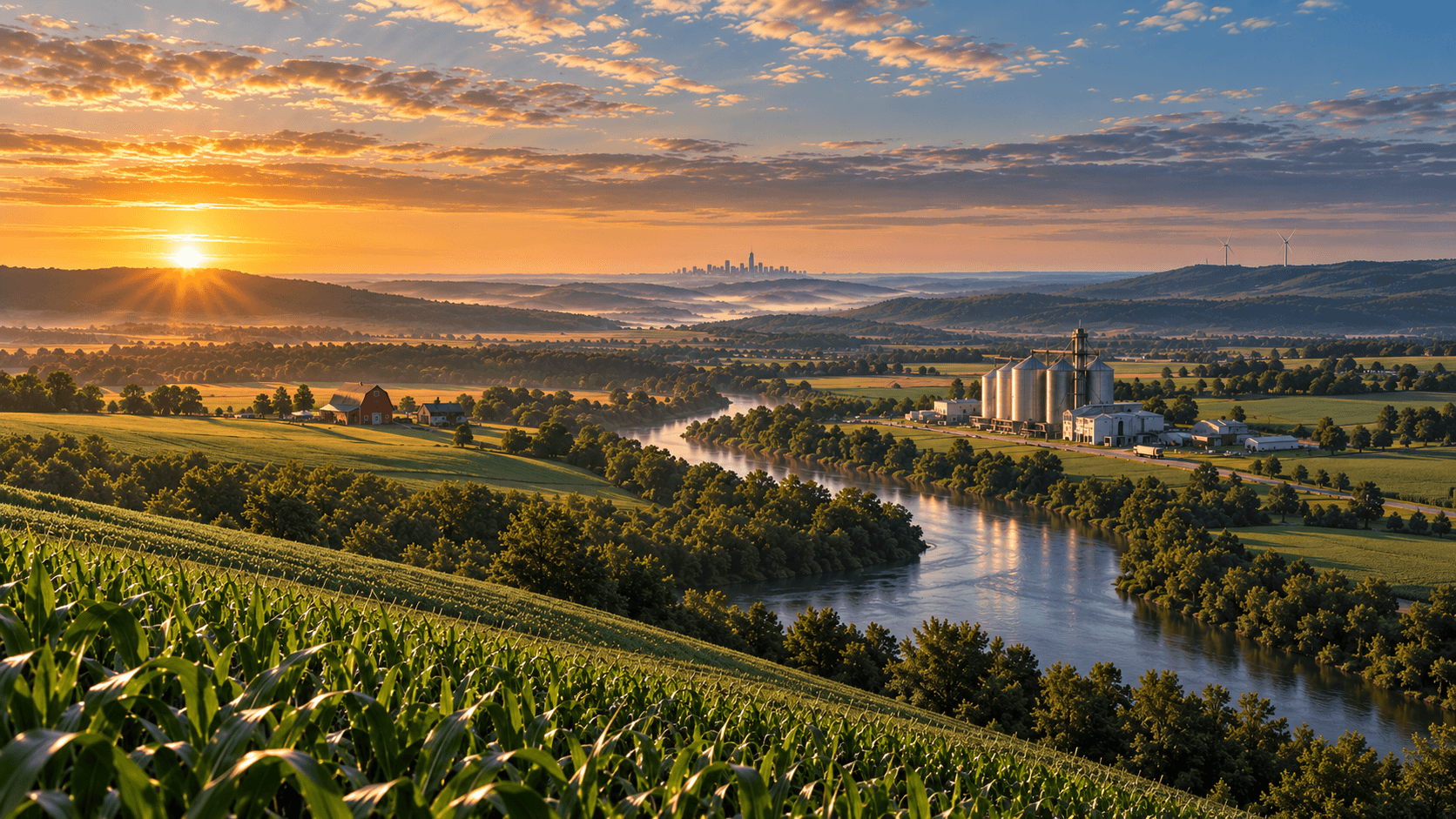 Illustrative sunrise landscape of farmland, a river, a grain facility, and a distant city skyline.