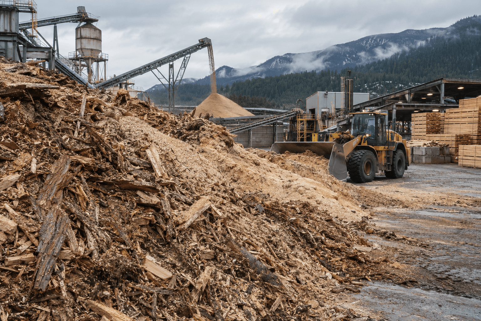 Illustrative sawmill with piles of wood residuals, conveyors, stacked lumber, and a loader.