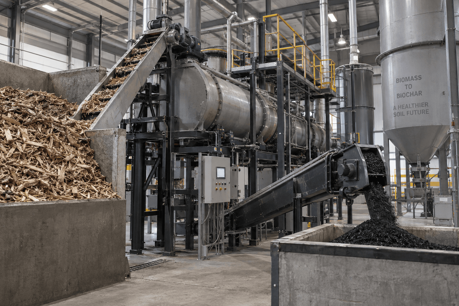 Illustrative biomass-to-biochar processing line with woody feedstock and dark char material.