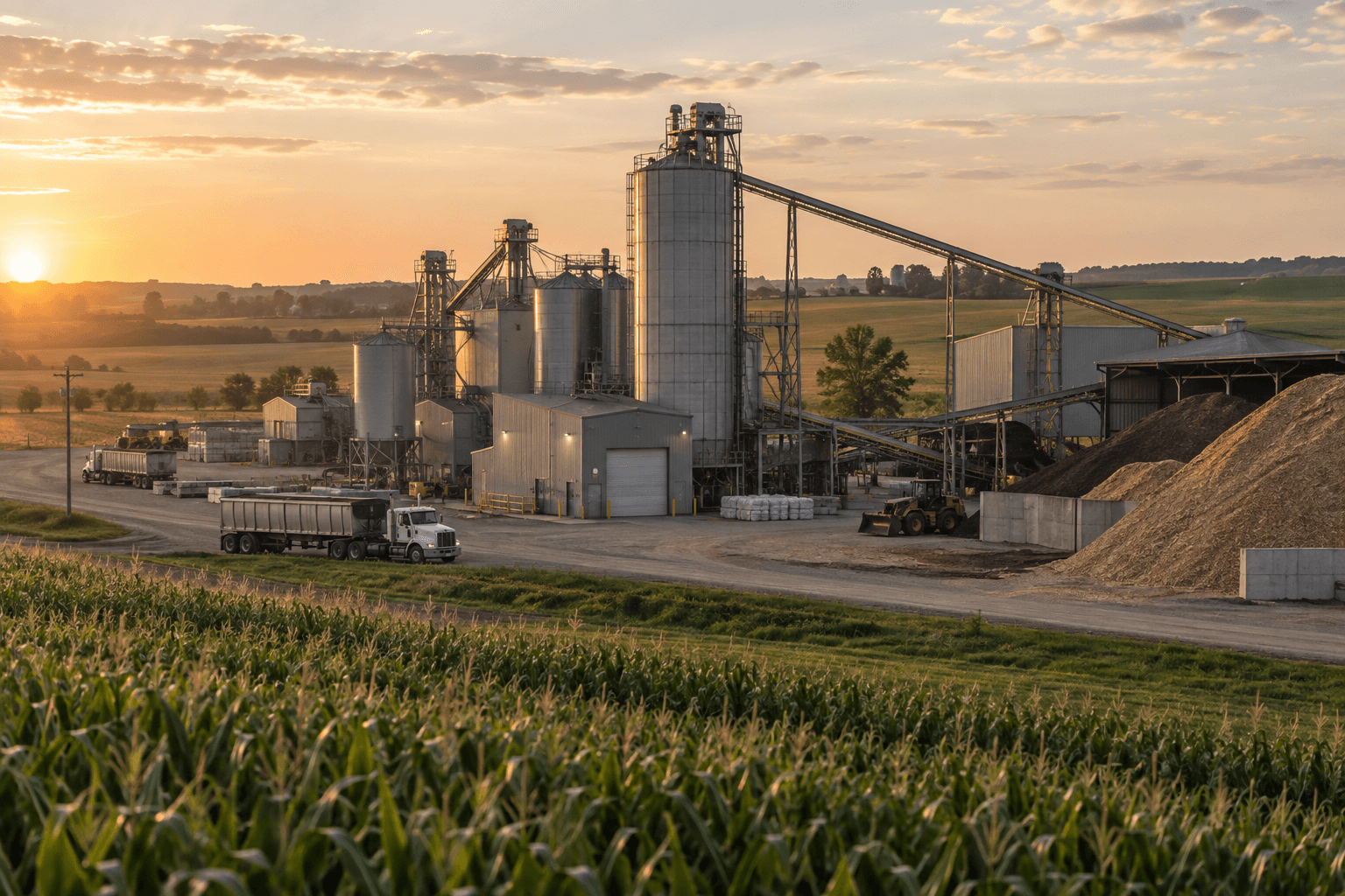 Illustrative regional agricultural manufacturing facility surrounded by farmland at sunset.