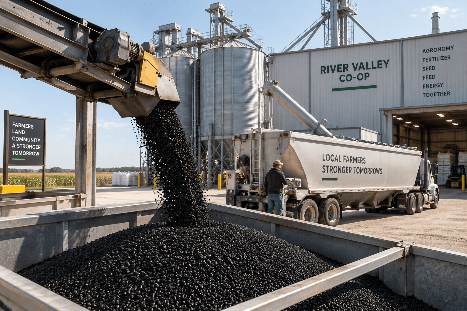 Illustrative agricultural co-op facility handling dark pelletized fertilizer through bulk equipment and a tender truck.