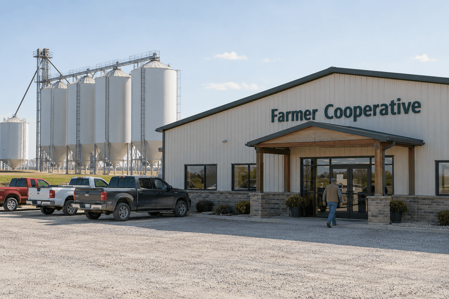 Exterior of a Farmer Cooperative retail building with grain silos and trucks in the lot.
