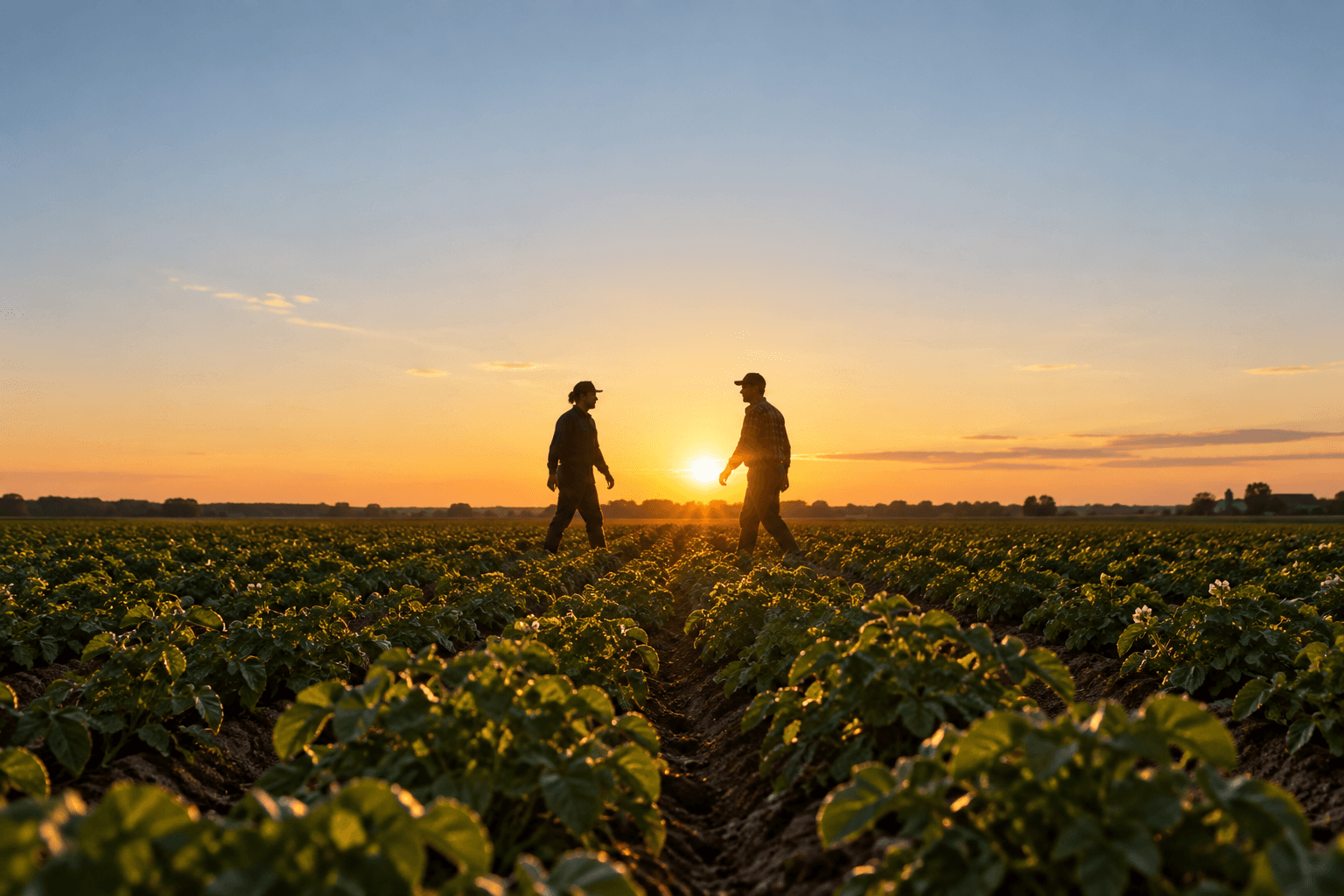 Illustrative image of two growers meeting in a row-crop field at sunset.