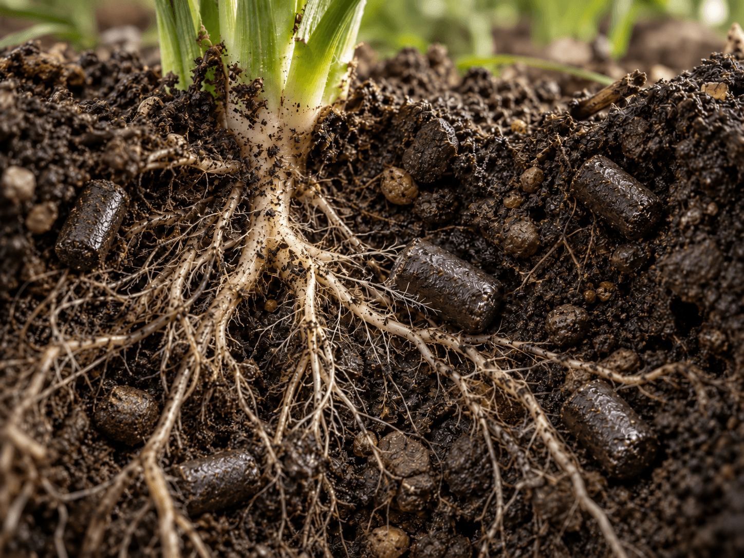 Conceptual view of crop roots in soil surrounded by dark fertilizer pellets.